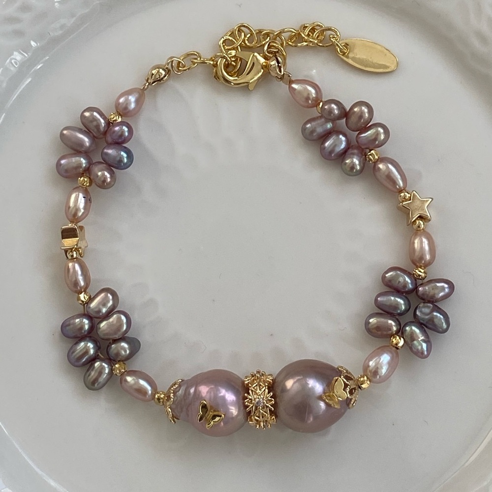 B78- Handmade Edison Pearl Butterfly Braided Bracelet - Picture 4 of 13